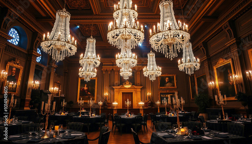 Luxurious banquet hall set up with glowing candlelight, elegant table settings, and dramatic red curtains, perfect for hosting formal evening events or masquerade balls in a sophisticated atmosphere.
