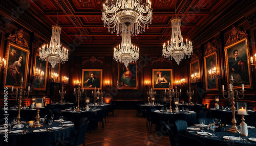 Luxurious banquet hall set up with glowing candlelight, elegant table settings, and dramatic red curtains, perfect for hosting formal evening events or masquerade balls in a sophisticated atmosphere.
