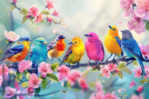 A group of birds sitting on a tree branch, with vibrant feathers and lively poses