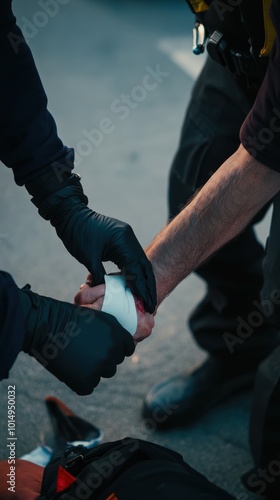 Paramedic bandaging injured person's bleeding hand with gauze