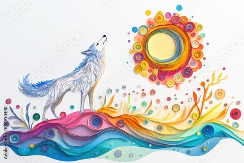 Wolf Howling at Gem Moon on Swirling Light Hill, Children's Book Illustration photo