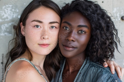 Two women standing together, looking straight ahead