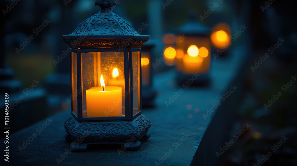 Lanterns with Burning Candles on the Cemetery Ground Lanterns with Burning Candles on the Cemetery Ground