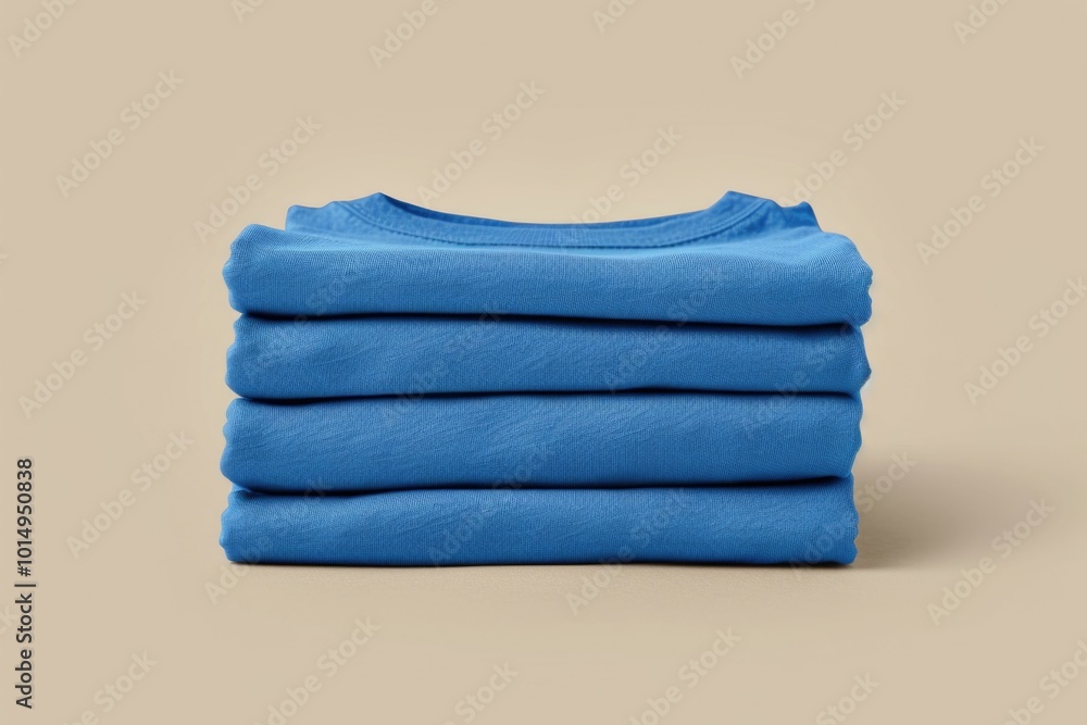 Fototapeta premium A stack of blue folded shirts on a beige background, suitable for fashion, storage or commercial use