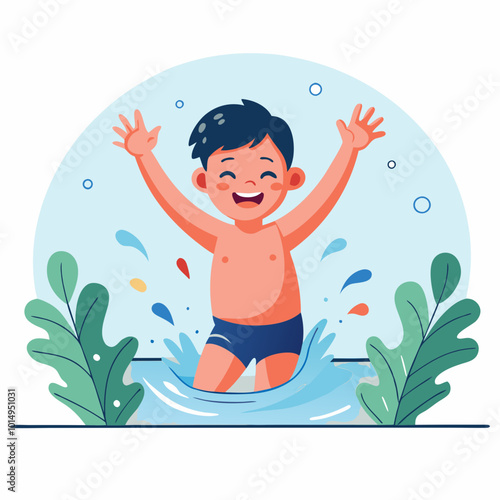 Vector illustration of a boy splashing in a river, enjoying summer, cheerful atmosphere