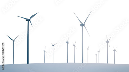 A row of wind turbines are lined up in a field.on a transparent background. PNG format