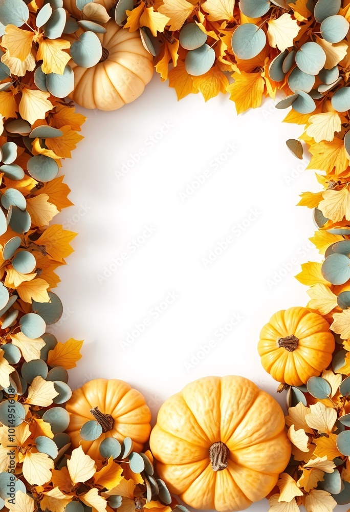 Bright Autumn Frame with Pumpkins, Eucalyptus, and Ginkgo Leaves Bright Autumn Frame with Pumpkins, Eucalyptus, and Ginkgo Leaves