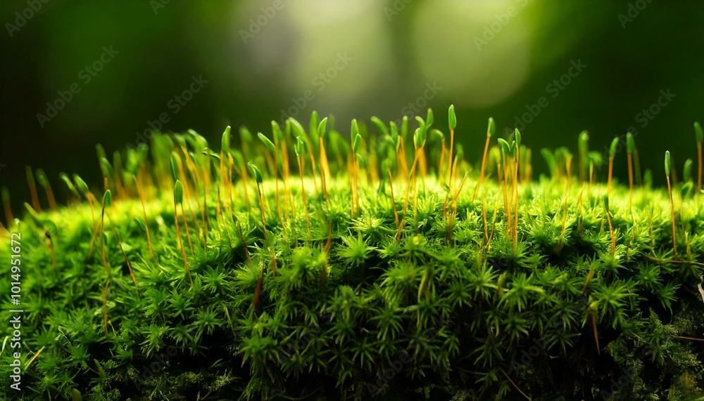 Fototapeta premium Lush green moss with delicate sprouts under soft natural lighting