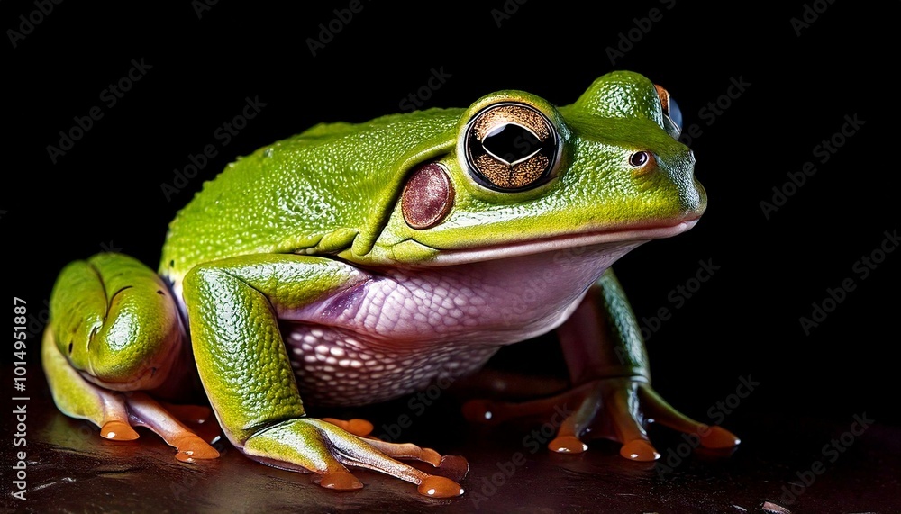 Fototapeta premium Vibrant green frog with striking eyes, isolated on a dark background.