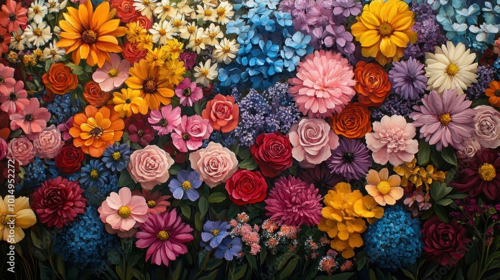 Vibrant oil ink painting of a flower garden in full bloom positioned from an overhead angle to capture the depth and layers of the various flowers in different colors Vibrant oil ink painting of a flower garden in full bloom positioned from an overhead angle to capture the depth and layers of the various flowers in different colors