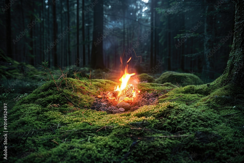 Campers gather around a warm fire in a lush, moss-covered forest