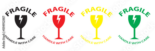 Sticker fragile handle with care, fragile warning label, fragile label with broken glass symbol.  Vector illustration isolated on white  background. EPS 10
