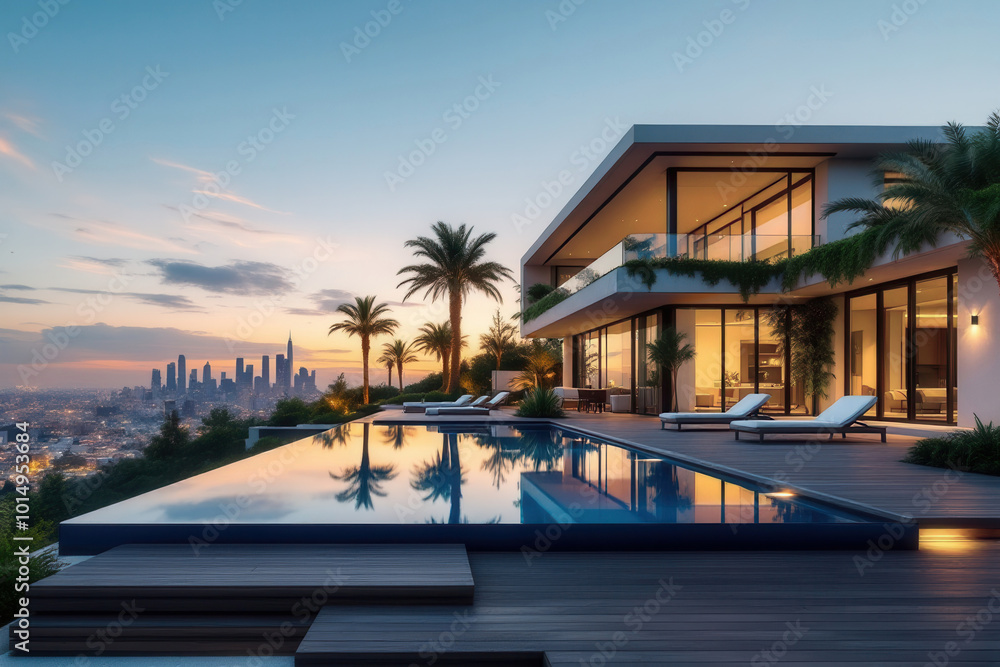 Fototapeta premium Stunning modern house with infinity pool captured at sunset overlooking a city skyline.