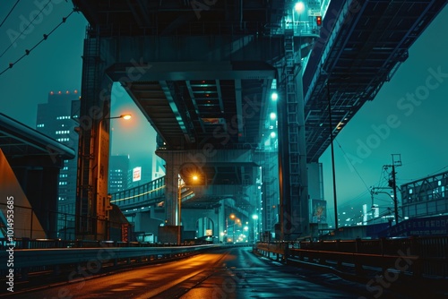 Urban landscape with a bridge spanning the distance, city lights and shadows