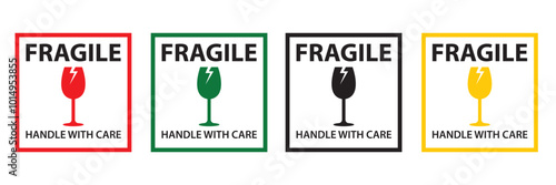 Sticker fragile handle with care, fragile warning label, fragile label with broken glass symbol.  Vector illustration isolated on white  background. EPS 10