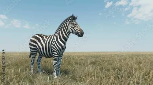A zebra stands in a field of tall grass, looking around