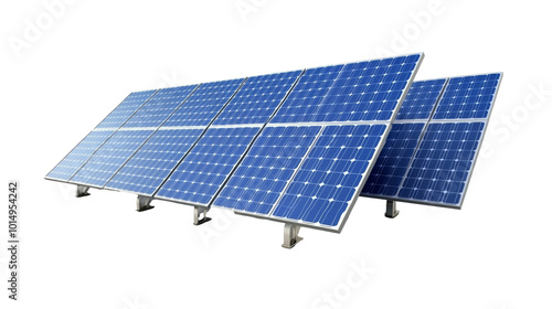 A row of solar panels are lined up on a white background.on a transparent background. PNG format