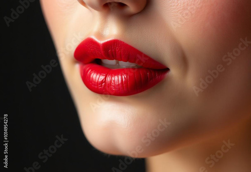 A close-up of a woman's attractive lips with red lipstick.