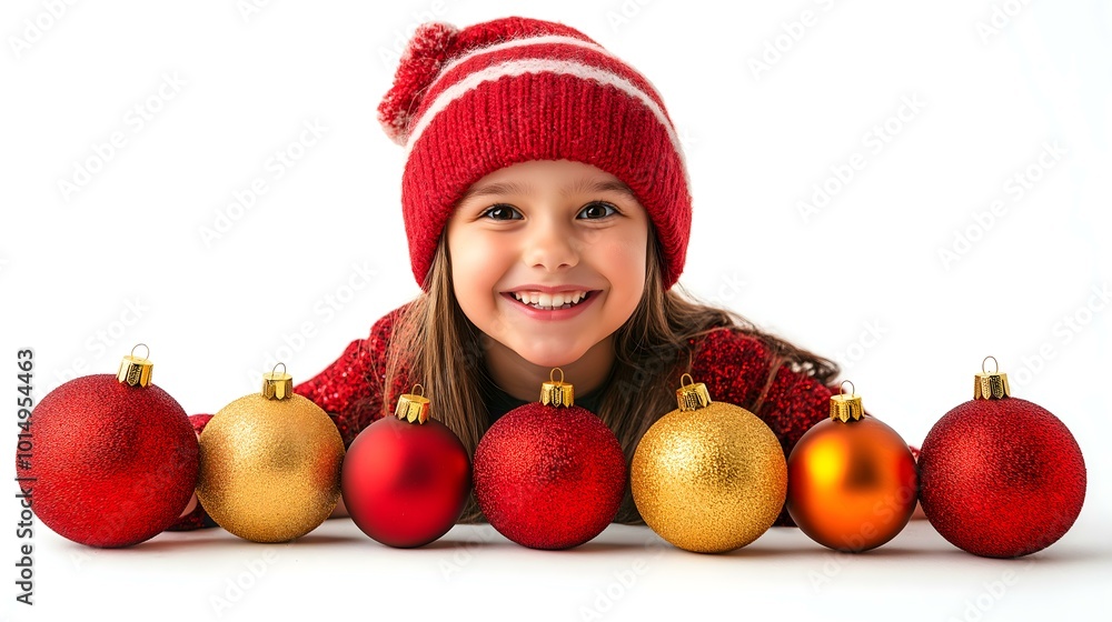 Child smiling with Christmas ornaments, white background Child smiling with Christmas ornaments, white background