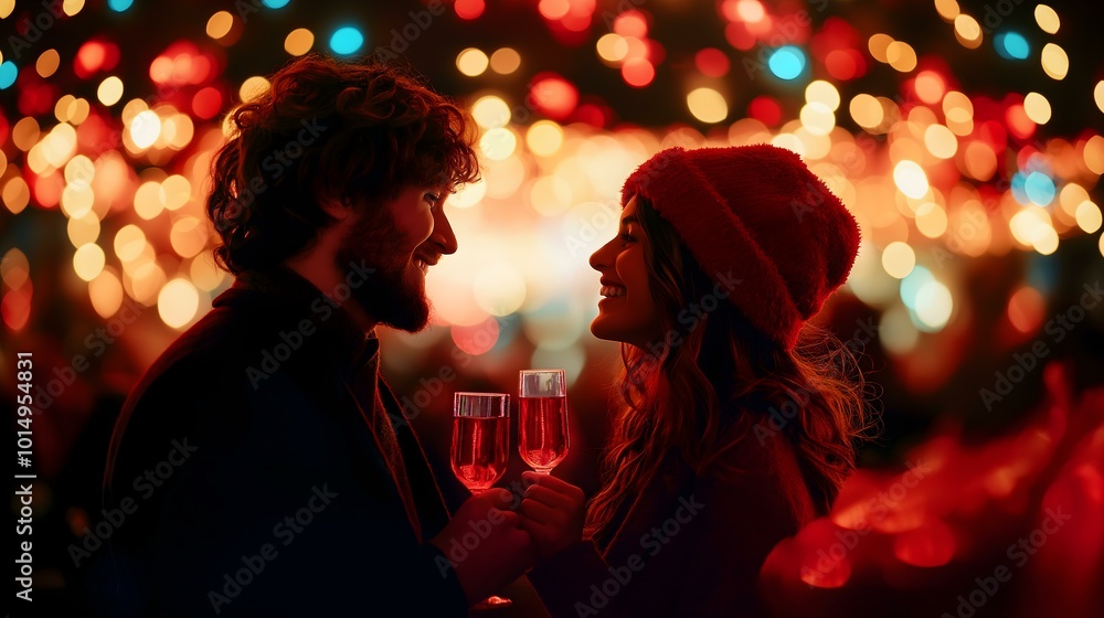 Couple celebrating with drinks, festive lights Couple celebrating with drinks, festive lights