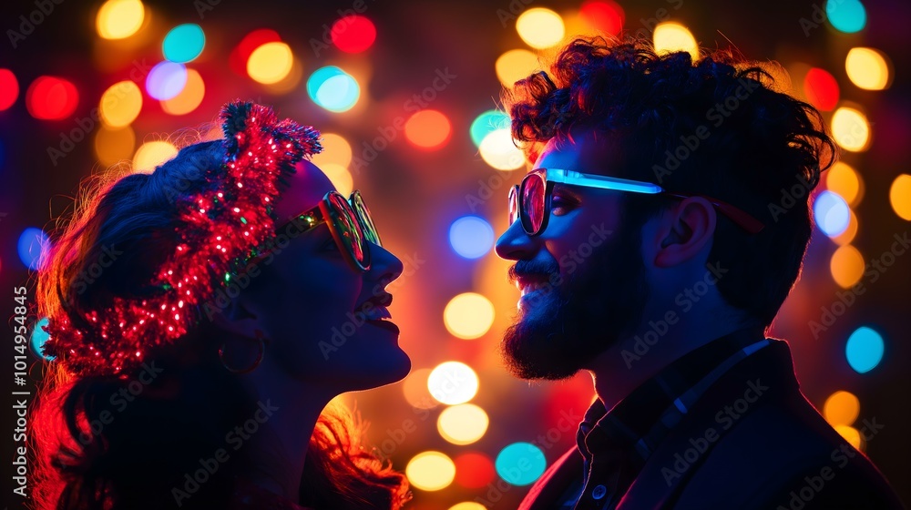 Couple enjoying festive atmosphere, colorful lights Couple enjoying festive atmosphere, colorful lights