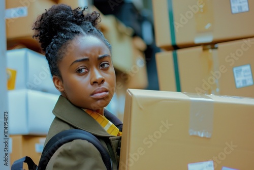 Young girl standing in front of stacked boxes, holding one box in her hands photo