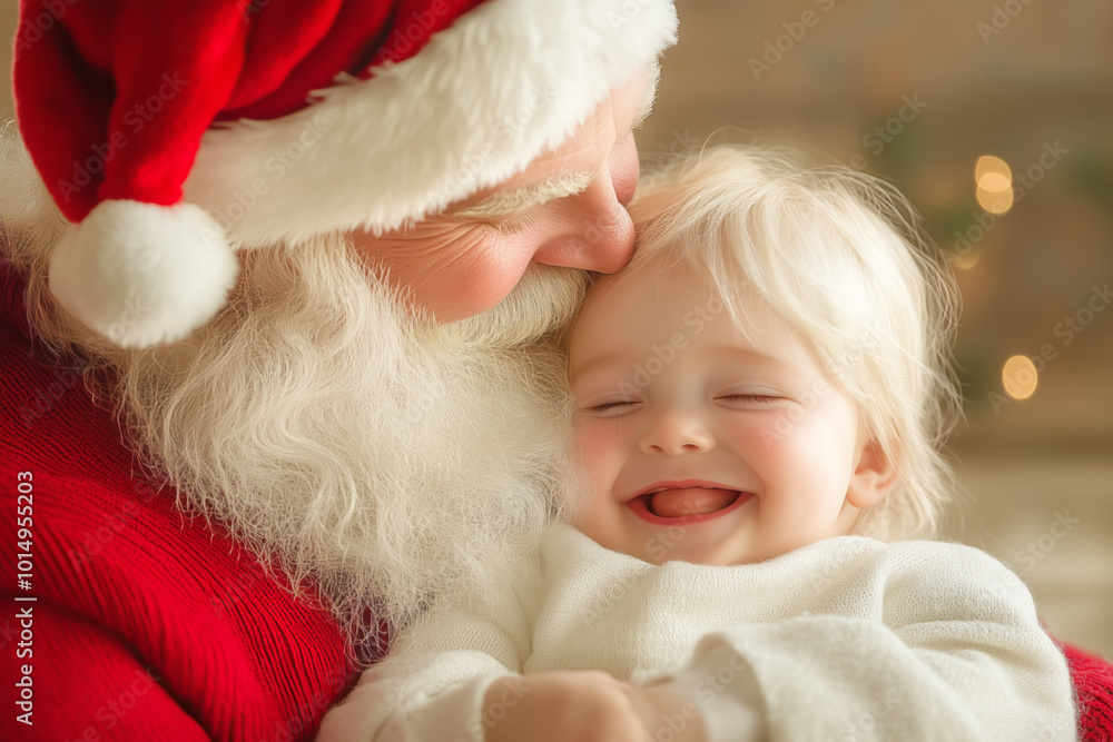 Santa Claus shares a joyful moment with a smiling child during the holiday season at home Santa Claus shares a joyful moment with a smiling child during the holiday season at home