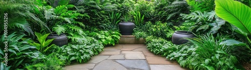 Lush green foliage and stone pathway in a tranquil garden setting.