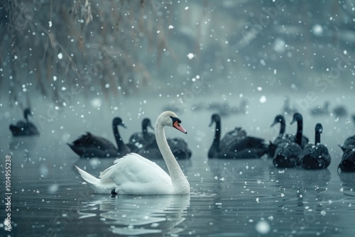 A white swan swimming peacefully in calm water photo