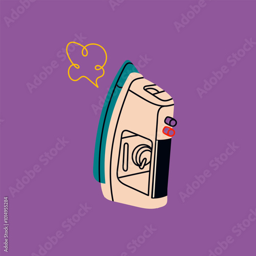 Iron press. Electric iron with steam cloud. Cartoon style, flat design. Hand drawn modern Vector illustration. Isolated element. Housework, laundry, housekeeping, household concept.