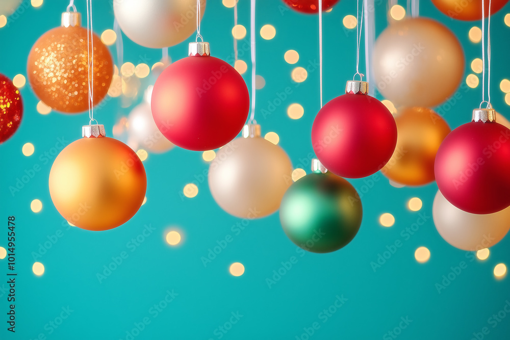 Fototapeta premium Colorful Christmas ornaments hanging against a bright blue background with twinkling lights