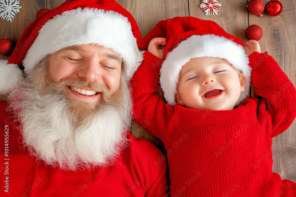 Joyful moments shared between a father dressed as Santa and his cheerful baby during Christmas Joyful moments shared between a father dressed as Santa and his cheerful baby during Christmas