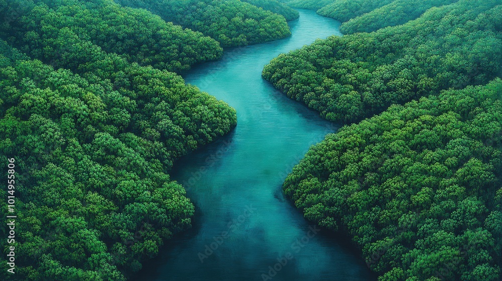 Oil ink art of a river cutting through a dense forest with shades of green and blue blending into each other captured from a bird’s-eye view for a detailed look at the textures Oil ink art of a river cutting through a dense forest with shades of green and blue blending into each other captured from a bird’s-eye view for a detailed look at the textures