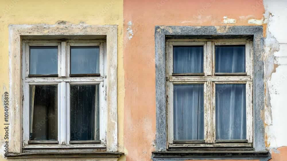Two windows on a building with peeling paint and faded yellow and orange walls Two windows on a building with peeling paint and faded yellow and orange walls