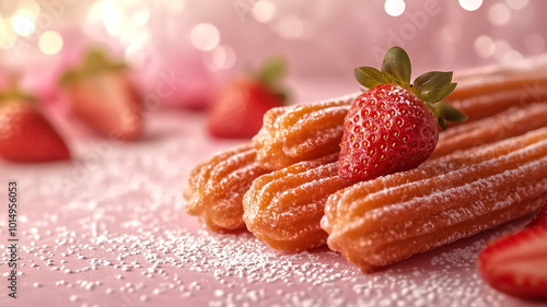 Delicious churros topped with fresh strawberries and dusted with powdered sugar create delightful dessert experience. vibrant colors and textures evoke sense of joy and indulgence