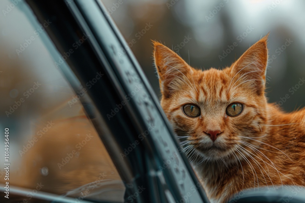 A close-up view of a curious cat peering out of a car window A close-up view of a curious cat peering out of a car window