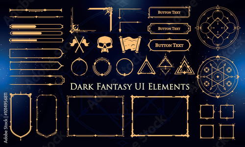 Set of Dark Fantasy Elements for user interface, poster, video. Fantasy magic HUD. Template for rpg game interface. Vector Illustration EPS10
