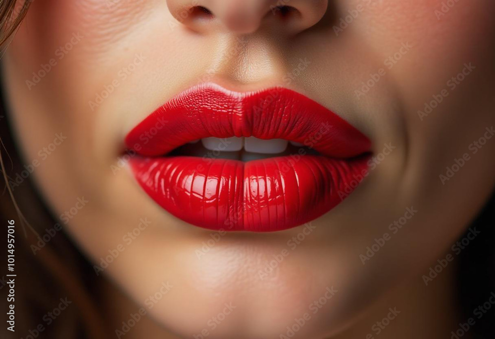 Fototapeta premium A close-up of a woman's attractive lips with red lipstick.