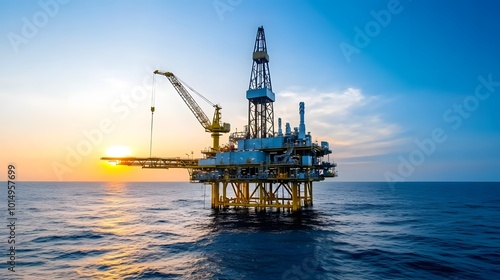 An offshore oil rig stands tall in the ocean at sunset.