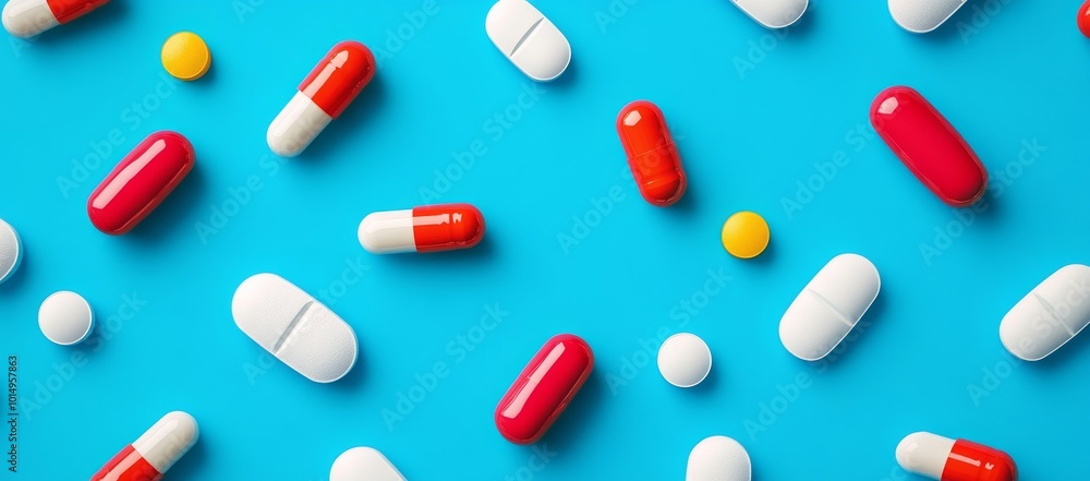 A flat lay of various pills and capsules on a bright blue background. A flat lay of various pills and capsules on a bright blue background.