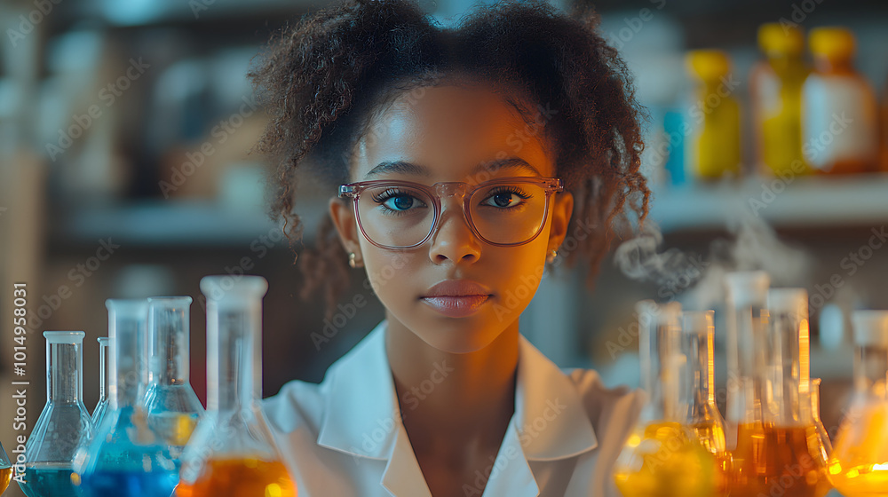 A young Black girl in her lab coat is featured in this portrait, embodying curiosity and the spirit of discovery. She stands confidently, ready to explore the world of science. Her lab coat signifies A young Black girl in her lab coat is featured in this portrait, embodying curiosity and the spirit of discovery. She stands confidently, ready to explore the world of science. Her lab coat signifies