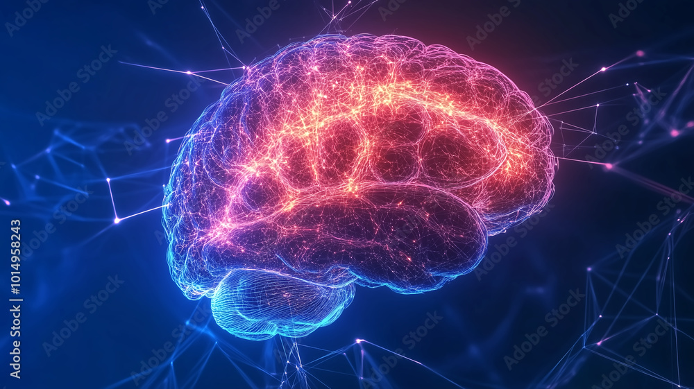 vibrant human brain is depicted, interconnected with futuristic network of glowing lines and nodes, symbolizing advanced technology and neural connections vibrant human brain is depicted, interconnected with futuristic network of glowing lines and nodes, symbolizing advanced technology and neural connections