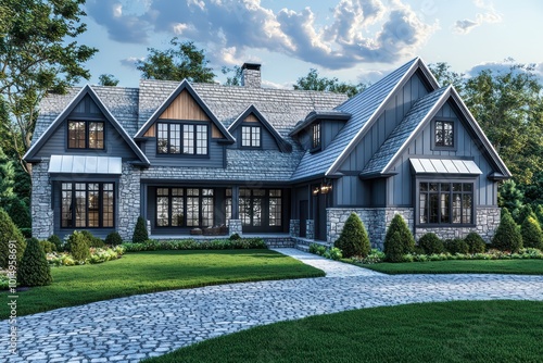 Rendering of a home exterior with smoke gray accents, traditional architecture, featuring slate and pine details, generous windows, snow white roof trim, a cobblestone driveway, and a lush green lawn photo