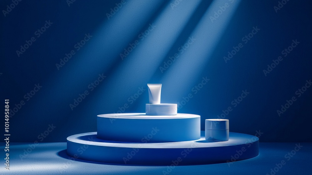 A circular product display stand illuminated by a spotlight against a blue background, showcasing modern and sleek design A circular product display stand illuminated by a spotlight against a blue background, showcasing modern and sleek design