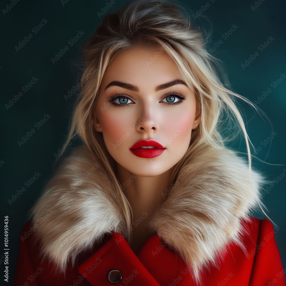 A woman in a red coat with a fur collar A woman in a red coat with a fur collar