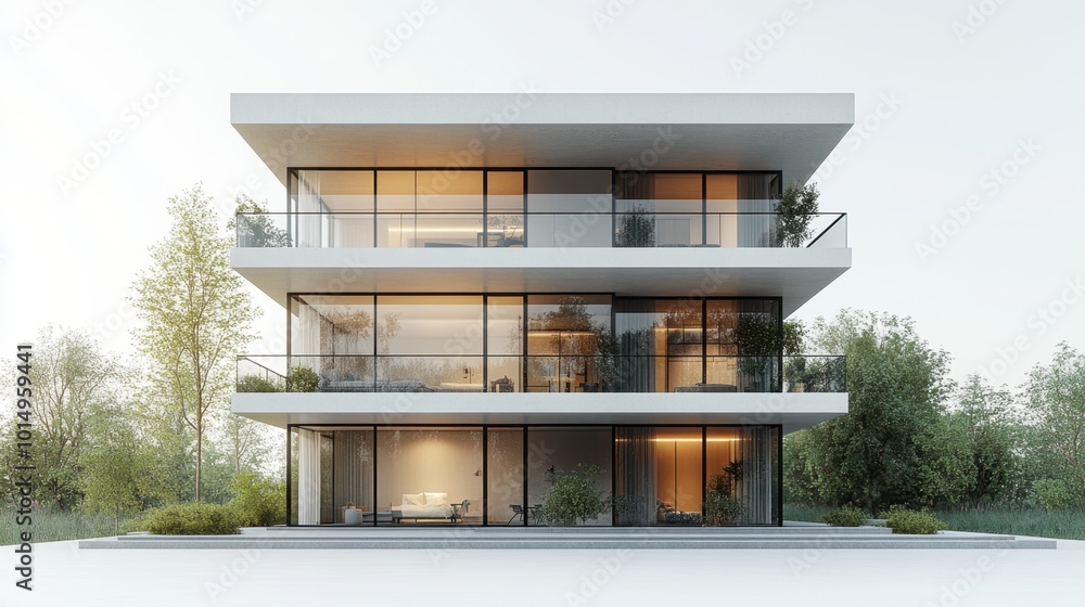 3D model of a modern minimalist apartment building, positioned at a high angle to highlight its clean glass façade and geometric design, against a white background. The color tone is neutral 3D model of a modern minimalist apartment building, positioned at a high angle to highlight its clean glass façade and geometric design, against a white background. The color tone is neutral