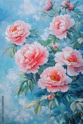 Pink Flowers on Blue Background