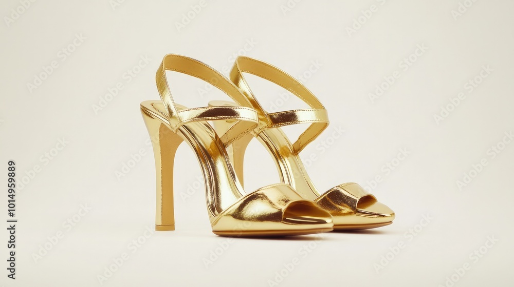 A striking pair of strappy high heels in metallic gold, placed on a clean white background, ideal for promoting glamorous evening wear. A striking pair of strappy high heels in metallic gold, placed on a clean white background, ideal for promoting glamorous evening wear.