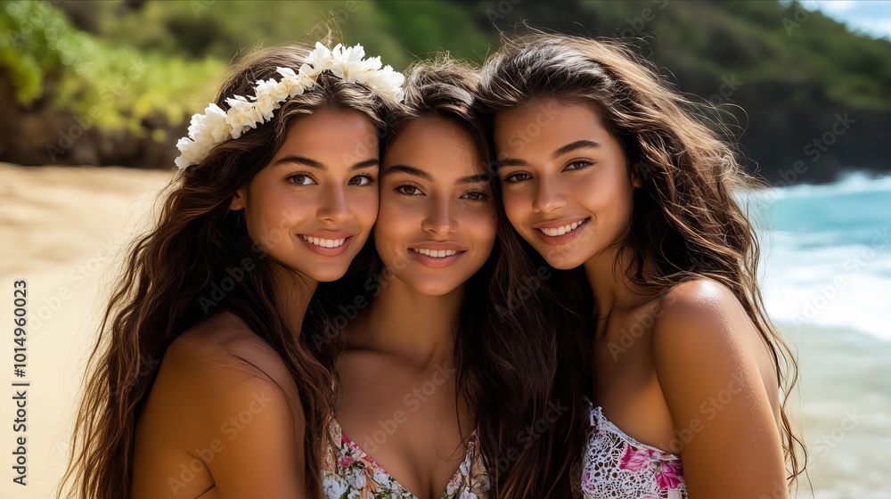 Three young women posing for a photo on the beach Three young women posing for a photo on the beach