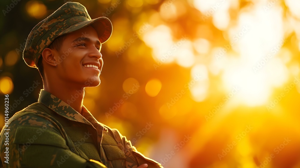 Soldier smiling outdoors at sunset Soldier smiling outdoors at sunset